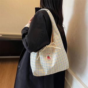 Borsa tote in tela a quadri gialli e blu, borsa a tracolla grande da donna trendy