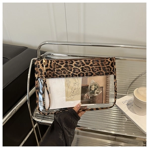 Detail view of transparent PVC toiletry bag with leopard print edges and wrist strap