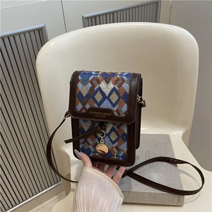 Vintage Geometric Rhombus Pattern PU Fabric Small Crossbody Phone Bag For Women Retro Fashion Daily Shoulder Handbag