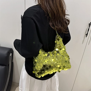 Neon yellow metallic sequin hobo bag for women with a stylish minimalist crescent shape