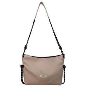 Large capacity khaki nylon crossbody bag with woven shoulder strap shown on white background