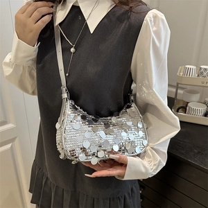 Silver sequin crescent shoulder bag with metallic reflective texture for women