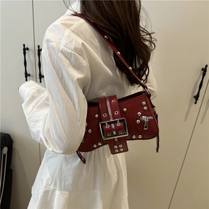 Dark red Y2K shoulder bag with silver rivets, zippers and buckle decoration for women