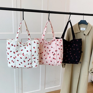 Women Corduroy Tote Bag Cute Strawberry Print Large Capacity Shoulder Bag Casual Handbag For School College Daily Life