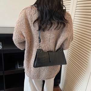 Minimalist black crocodile pattern baguette shoulder bag with silver hardware for women
