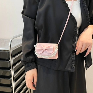 Pink PU leather crossbody bag with sweet bow and lace trim detail for women
