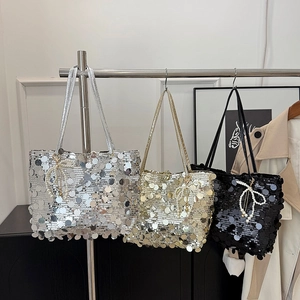 Women Sequin Shoulder Bag Large Capacity Underarm Tote Fashion Street Handbag With Artificial Pearl Bow Charm For Daily Party