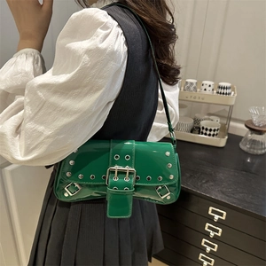 Y2K bright green patent leather shoulder bag with chic studs and punk style design