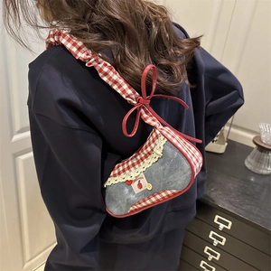 Sweet denim underarm bag with red gingham trim and cherry embroidery for fall fashion