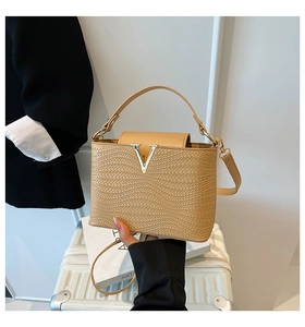 Detail of apricot woven leather handbag with gold V-buckle on white luggage
