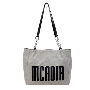 Large capacity canvas tote bag with MCAOIA lettering and chain leather strap