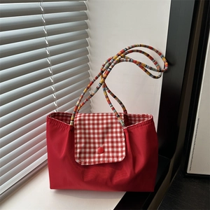 Women Cute Shoulder Bag Denim Plaid Patchwork Tote Handbag Sweet Lace Bow Underarm Bag Casual Cat Embroidery Canvas Bag