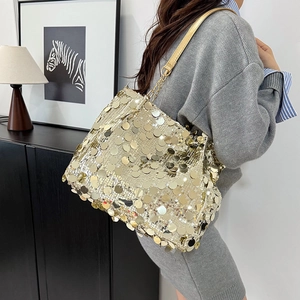 Sac à épaule doré à paillettes avec bandoulière chaîne et grande capacité pour femme