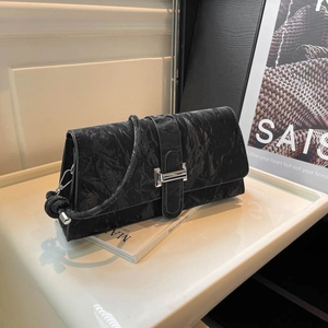 Vintage Crinkled PU Leather Underarm Bag For Women Minimalist Solid Color Shoulder Bag With Metal Buckle Knotted Strap Commute Handbag