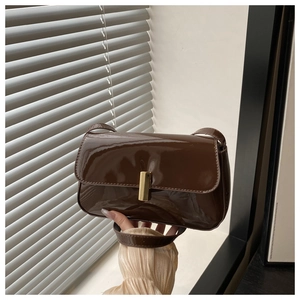 Detail of chocolate brown patent leather shoulder bag with gold metal buckle