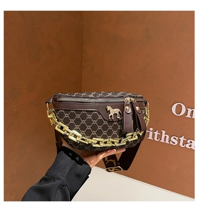 Detail showing vintage brown monogram fanny pack with gold horse clasp and chunky chain
