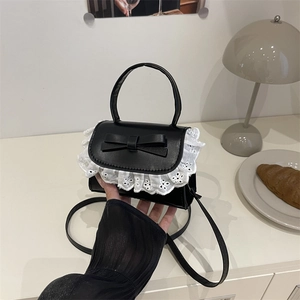 Women Sweet PU Leather Mini Shoulder Crossbody Bag With Lace Trim And Butterfly Bow Fashion Small Square Handbag