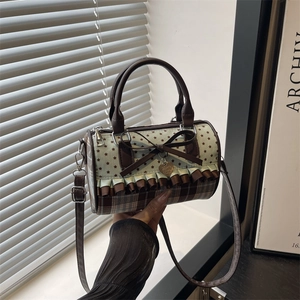 Sac Oreiller en Toile Plaid Imprimé Étoiles Nœud Papillon Vintage Sac à Bandoulière Mode Pendentif Cœur pour Femme Sac Boston Girly