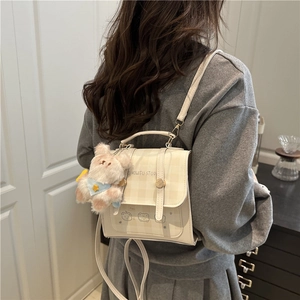 Beige plaid PU mini backpack with bear print and plush puppy charm for women