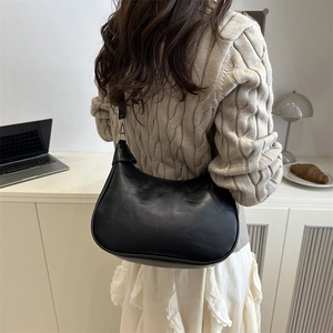 Minimalist black matte PU leather hobo shoulder bag with silver hardware for women