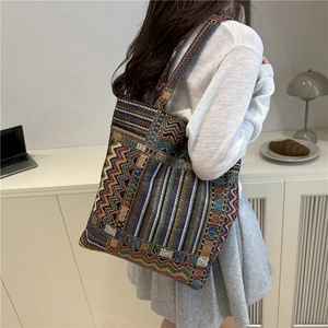 Ethnic bohemian jacquard woven tote bag with colorful geometric patterns for women
