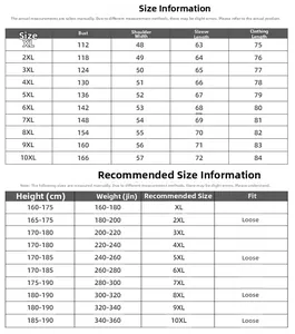Men's oversized sweatshirt size chart ranging from XL to 10XL with chest and length data
