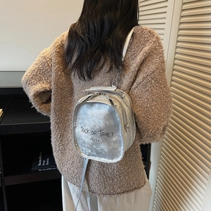 Silver laser metallic fashion backpack with chic hand-written art text for autumn style