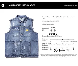 Détail du gilet en jean bleu avec poches poitrine, broderie et impression de lettres