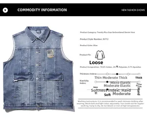 Detailed embroidery on blue denim vest with street style patches and cotton blend texture