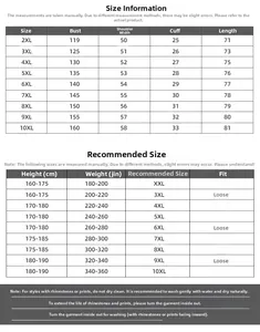 Size chart for men's oversized embroidered denim vest ranging from 2XL to 10XL sizes