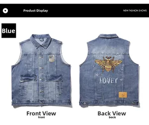 Detail of blue denim vest with heavy embroidery and vintage streetwear back patch