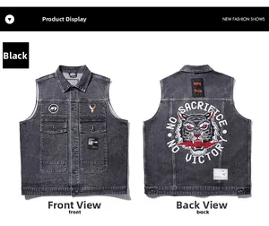 Detailed front and back view of a black denim vest with tiger embroidery and multi-pockets