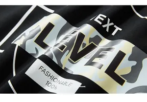 Close-up of LEVEL camouflage print and FASHIONABLE 100% logo on black cotton sweatshirt
