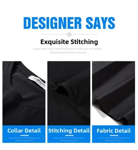 Detail of crew neckline and reinforced stitching on black cotton t-shirt fabric
