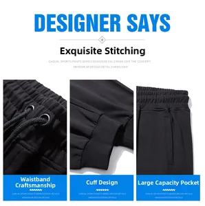 Detail of elastic drawstring waist, ribbed cuffs and side pockets on men's black joggers