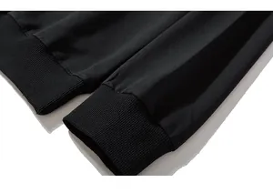 Close-up of elastic ribbed cuff and uniform stitching on a black sweatshirt sleeve