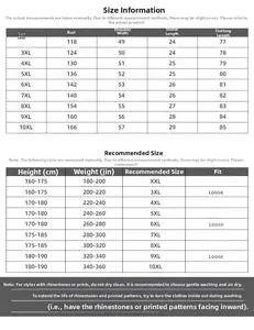 Tableau des tailles pour T-shirts homme grande taille de XXL à 10XL avec dimensions
