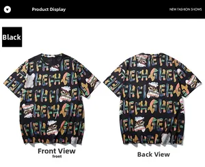 Vue avant et arrière du t-shirt noir oversize avec imprimé graffiti et ours coloré