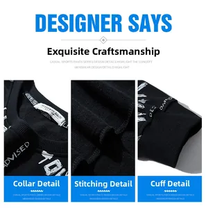 Detail view of the black sweatshirt neckline, reinforced seams and rib knit cuffs