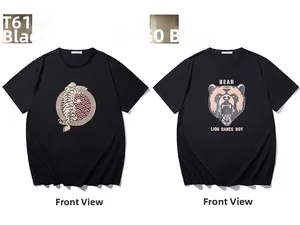 Flat lay detail of black cotton T-shirts with tiger and bear cartoon graphic prints