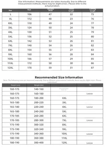 Detailed size chart for oversized men's cartoon T-shirts ranging from size L to 12XL