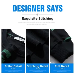 Detail view of round neckline, flat seam stitching, and ribbed cuffs on black sweatshirt