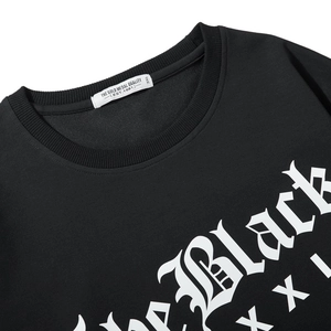 Men's oversized black crewneck sweatshirt with gothic white print and ribbed collar