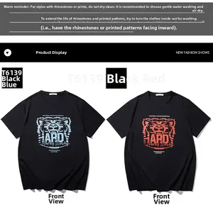 Detail of artistic wolf head graphics and hardy lettering on black cotton t-shirts