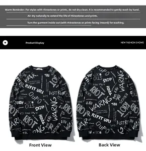 Flat lay detail showing front and back of black sweatshirt with white graffiti print