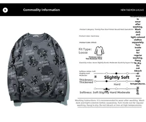 Detail view of oversized dark grey sweatshirt with cartoon bear prints and fabric specs