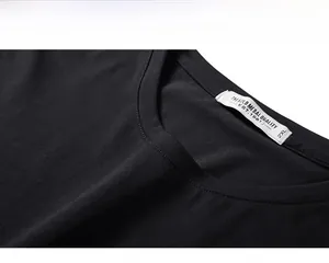 Close-up of durable black crew neck T-shirt neckline with fine stitching and size label