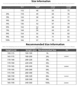 Detailed size chart for men's plus size hoodies ranging from XL to 10XL with measurements