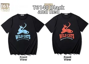 Close-up of black cotton t-shirts featuring stylized Wild Cats graphic illustrations