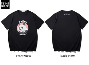 Front and back view of a black cotton t-shirt featuring a panda graphic and text
